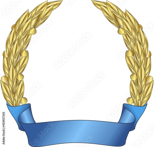 Gold heraldic laurel wreath with blue ribbon on a white background. Vector image.