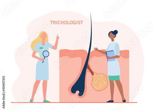 Tiny trichologists studying hair follicle. Skin, doctor, health flat vector illustration. Trichology and medicine concept for banner, website design or landing web page