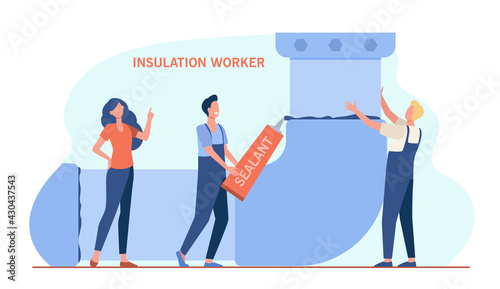 Tiny repairmen doing insulation of tube. Sealant, worker, plumber flat vector illustration. Repair service and maintenance concept for banner, website design or landing web page