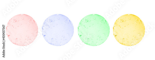 A set of swatches of liquid translucent cosmetic gel with bubbles of different colors. Texture in circles isolated on a white background