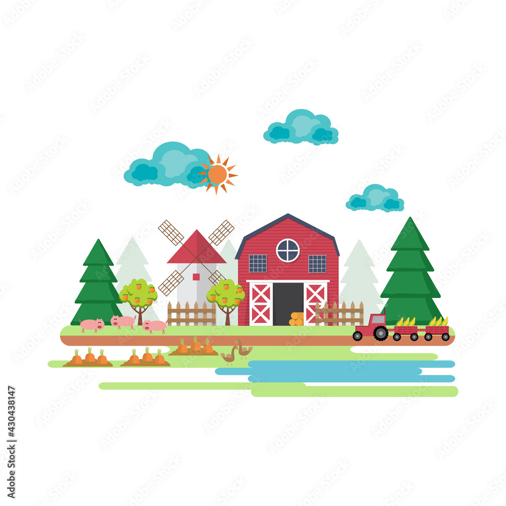 Landscape with farm. Farming in flat style. Vector illustration.