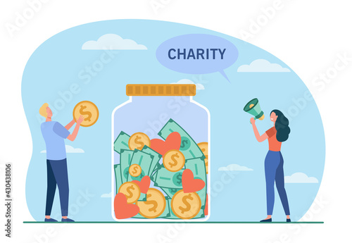 Two tiny people donating money in giant jar. Coin, glass, volunteer flat vector illustration. Charity and donation concept for banner, website design or landing web page