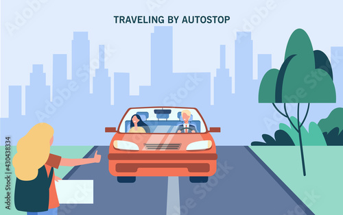 Woman with backpack traveling by auto stop. Car, thumb up, road flat vector illustration. Vacation and trip concept for banner, website design or landing web page
