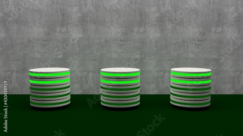 Marble product stand futuristic or podium pedestal on empty display growing flashing light green with loft wall backdrops. 3D rendering.