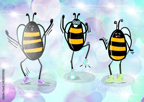 Funny stylized bees at the disco.Crazy insects.