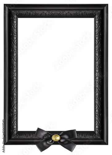 Black wooden frame with black mourning bow for paintings, mirrors or photo isolated on white background. Design element with