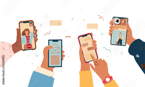 Set of hands holding smartphone flat vector Illustration. Young people use smartphones and surfing in Social Media. Boys and girls chatting, watching video, liking photos, talking in Mobile App.