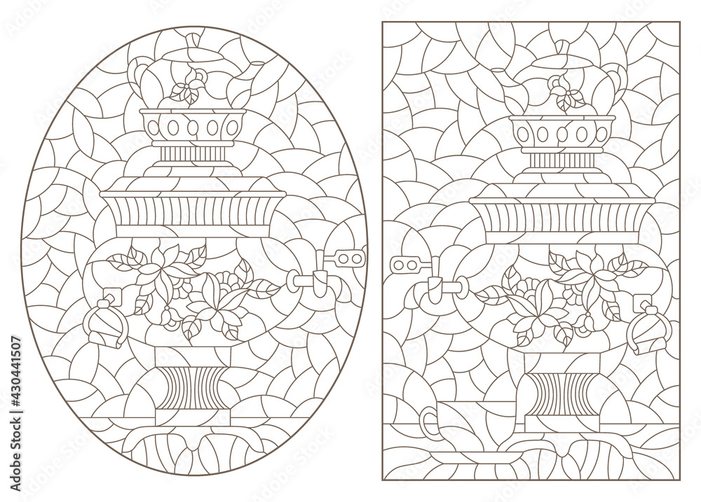 Set of contour illustrations in the style of stained glass with Russian samovars and teapots, dark outlines on a white background