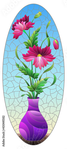 Illustration in the style of a stained glass window with a floral still life, a vase with pink  flowers  on a blue background, oval image 
