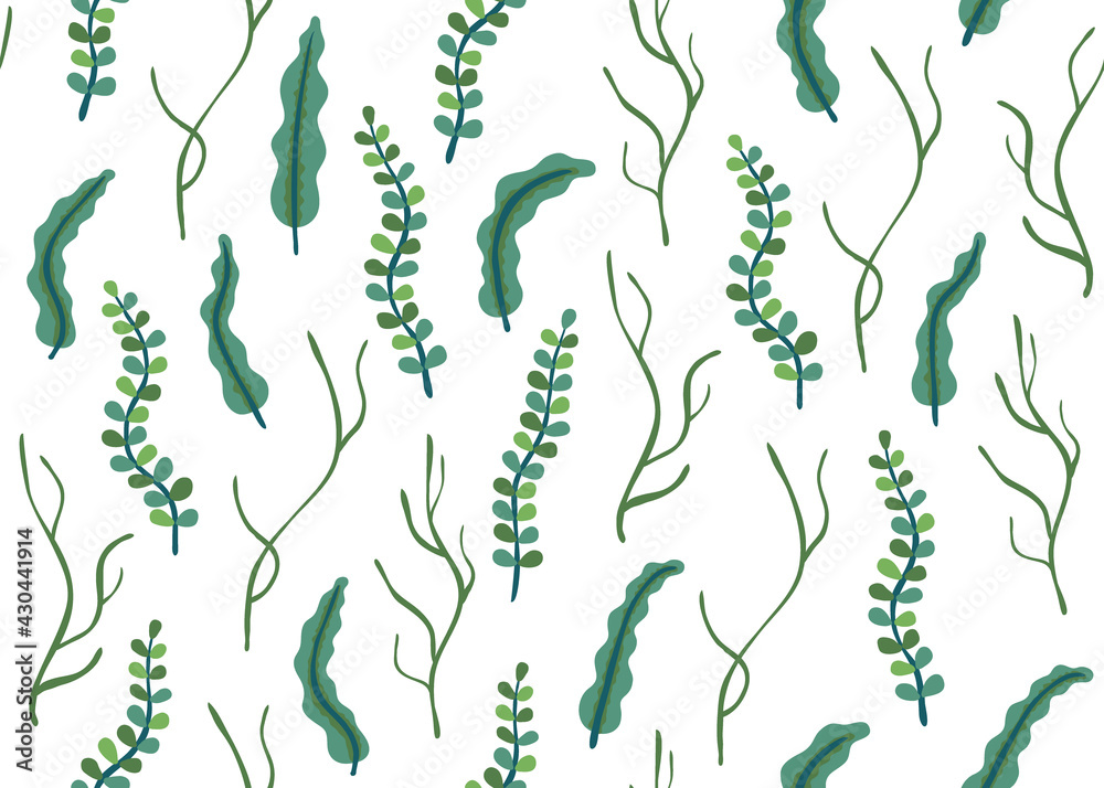 Background of different underwater sea plants and green algae. Edible seaweed and leaves pattern. Plants of the aquarium. Vector illustration
