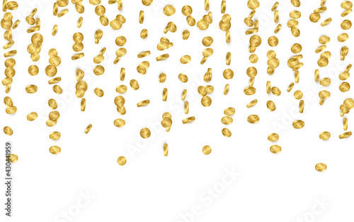 Falling from the top a lot of dollar gold coins on white background. Vector illustration