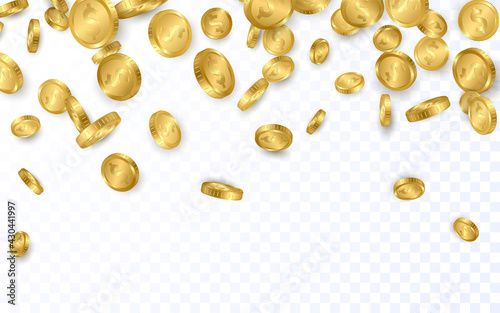 Falling from the top a lot of dollar gold coins on transparent background. Vector illustration