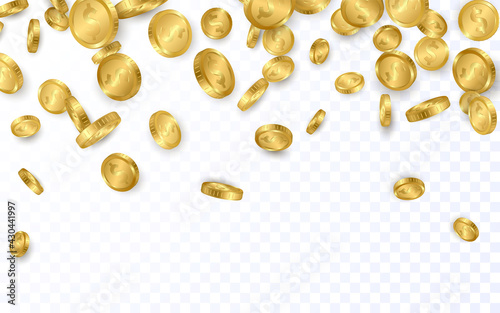 Falling from the top a lot of dollar gold coins on transparent background. Vector illustration