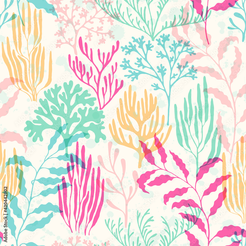 Coral polyps seamless pattern., Tropical coral reef branch silhouette elements. Coral polyps seamless pattern., Tropical coral reef branch silhouette elements.