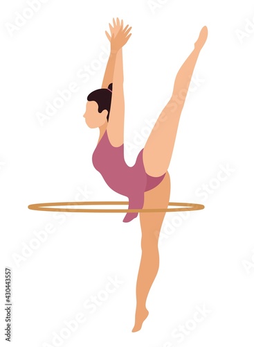 Rhythmic gymnast with hoop. Woman athlete in outfit with gymnastic equipment performs rhythmic gymnastics elements. Flat vector illustration.