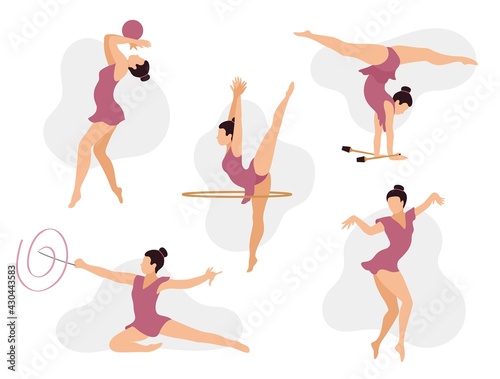 Rhythmic gymnast with hoop, ball, clubs, ribbon. Set of women athlete in outfit with gymnastic equipment performs rhythmic gymnastics elements. Flat vector illustration.