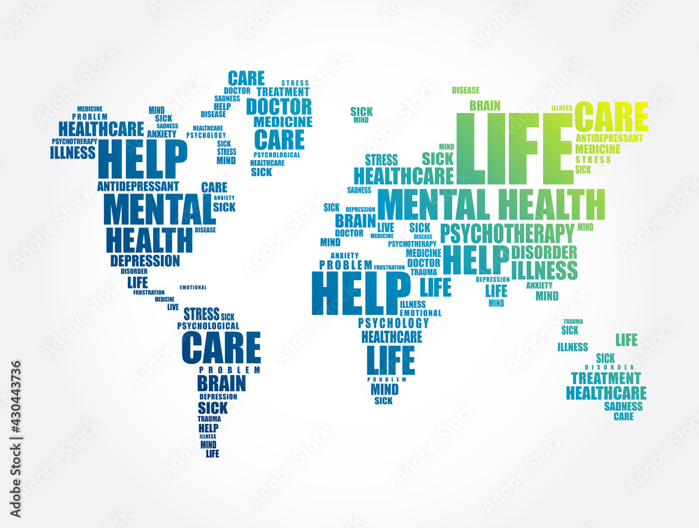 Fototapeta premium Mental health word cloud in shape of world map, social concept background