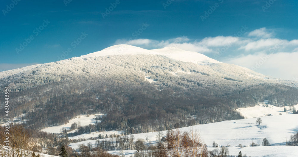 Panoramic Image of Polonyna Carynska and Wetlinska Peaks. Snow Covered Bieszczady Mountains in Poland