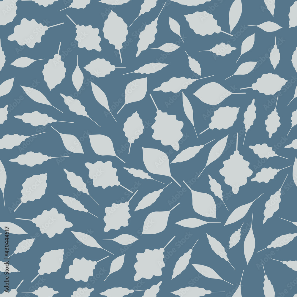 Seamless pattern with mix of light leaves on a dusty blue background. Vector, eps 10.