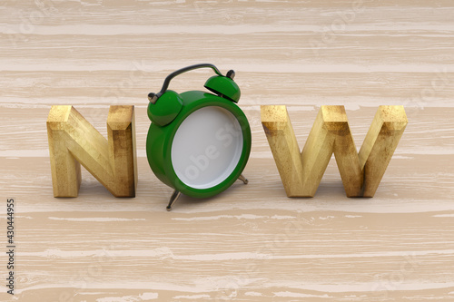 Fototapeta Naklejka Na Ścianę i Meble -  Now Word with Clock on Wooden Background. 3d Rendering