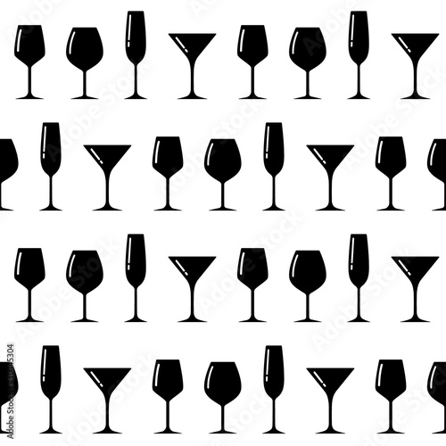 Pattern with glasses silhouettes.Endless background with alcohol drink goblets.Holiday backdrop with simple logos.Icon's background picture for design.Isolated. Vector illustration