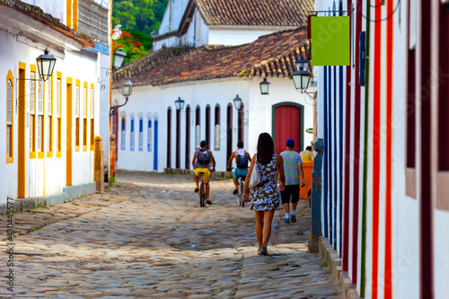 Streets and houses of historical center in Paraty, Rio de Janeiro, Brazil. Sunny day in Paraty. Paraty is colonil city listed Unesco photo