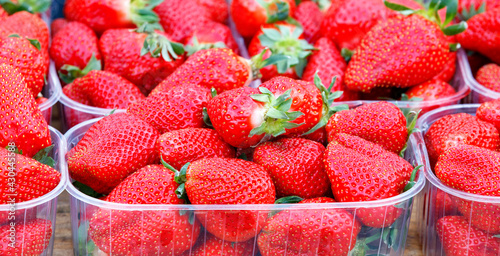 Berries of ripe large red strawberries are sold on the market counter in plastic baskets, close-up.