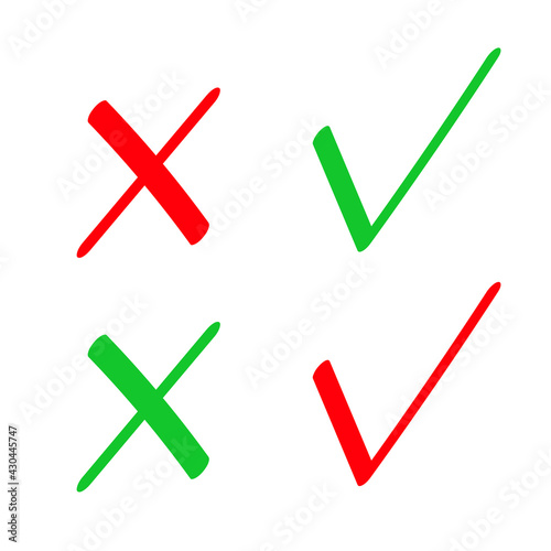 Cross and tick signs.Green and red checkmark icons, simple marks for vote,elements for choice decision, yes or no,approval or disapproval.Isolated.Vector illustration.