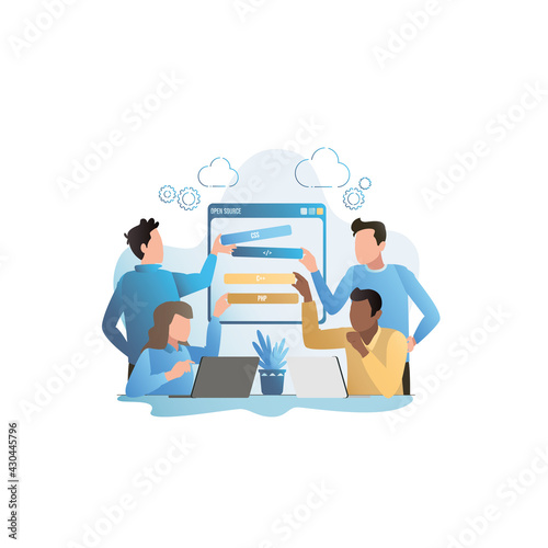 Office people work in team, write code, scripts, design, create new website, fix bugs, test. Optimization of a seo project, ideas on Internet. Programmers develop application, software.