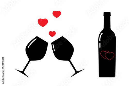 Red wine bottle and glasses silhouette,beverage container and goblets.Alcohol drink icon on a white background.Simple romantic logo. Shape basis for the design.Isolated.Vector illustration