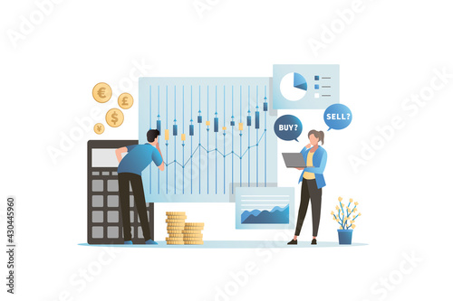 Team of businessmen with laptop works with investments, capital, calculations, studies charts, charts of the growth of currency sales on Internet. Man is thinking about buying or selling assets.