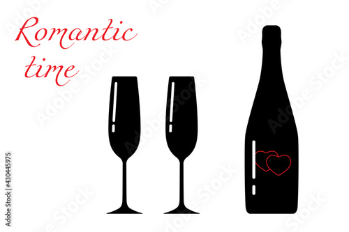 Champagne bottle and glasses silhouette,beverage container and goblets.Alcohol drink icon on a white background.Simple romantic logo. Shape basis for the design.Isolated.Vector illustration