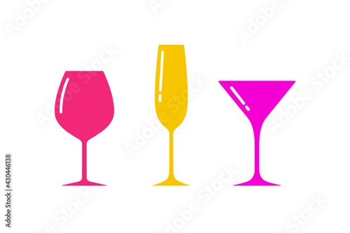 Set of glasses silhouettes,beverage goblets.Alcohol drink icons on a white background.Simple logos.Shape basis for the design.Isolated. Vector illustration