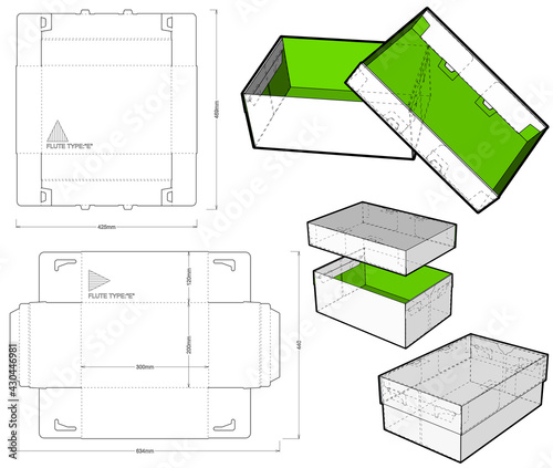 Top and Bottom box (Internal measurement 30x20x12cm) and Die-cut Pattern. Ease of assembly, no need for glue. The .eps file is full scale and fully functional. Prepared for real cardboard production.