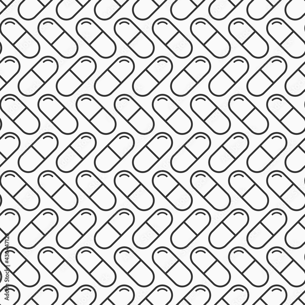 Vector seamless pattern with pills, tablets, isolated on white background. Medical preparations. Linear style design. Black and white illustration.