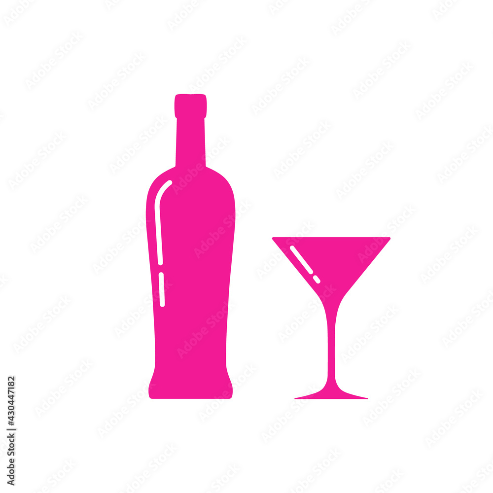 Martini bottle and glass silhouette, beverage container and goblet.Alcohol drink icon on a white background. Simple logo.Shape basis for the design. Isolated.Vector illustration Martini bottle and glass silhouette, beverage container and goblet.Alcohol drink icon on a white background. Simple logo.Shape basis for the design. Isolated.Vector illustration