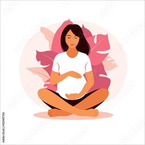 Concept pregnancy, motherhood, yoga, meditation and health care. Illustration in flat style.