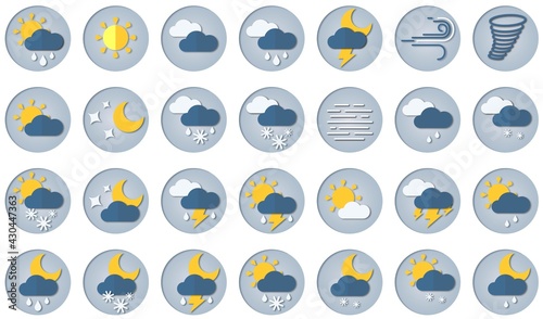 Papercut weather icons set for white background. Vector illustration. White clouds, fog sign, day and night for forecast design. Winter and summer symbols, sun and thunderstorm stickers.