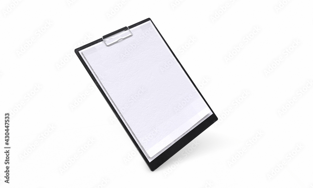 Blank paper list in black tablet on wooden office table with black keyboard and green plant in vase. 3D render Blank paper list in black tablet on wooden office table with black keyboard and green plant in vase. 3D render