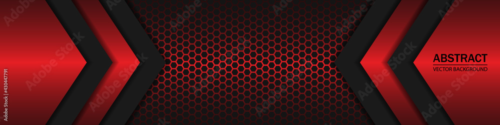 Black and red shapes, stripes and lines on a dark carbon fiber hexagonal background. Geometric shapes on a hexagonal red grid.