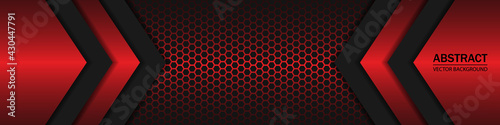Black and red shapes, stripes and lines on a dark carbon fiber hexagonal background. Geometric shapes on a hexagonal red grid.