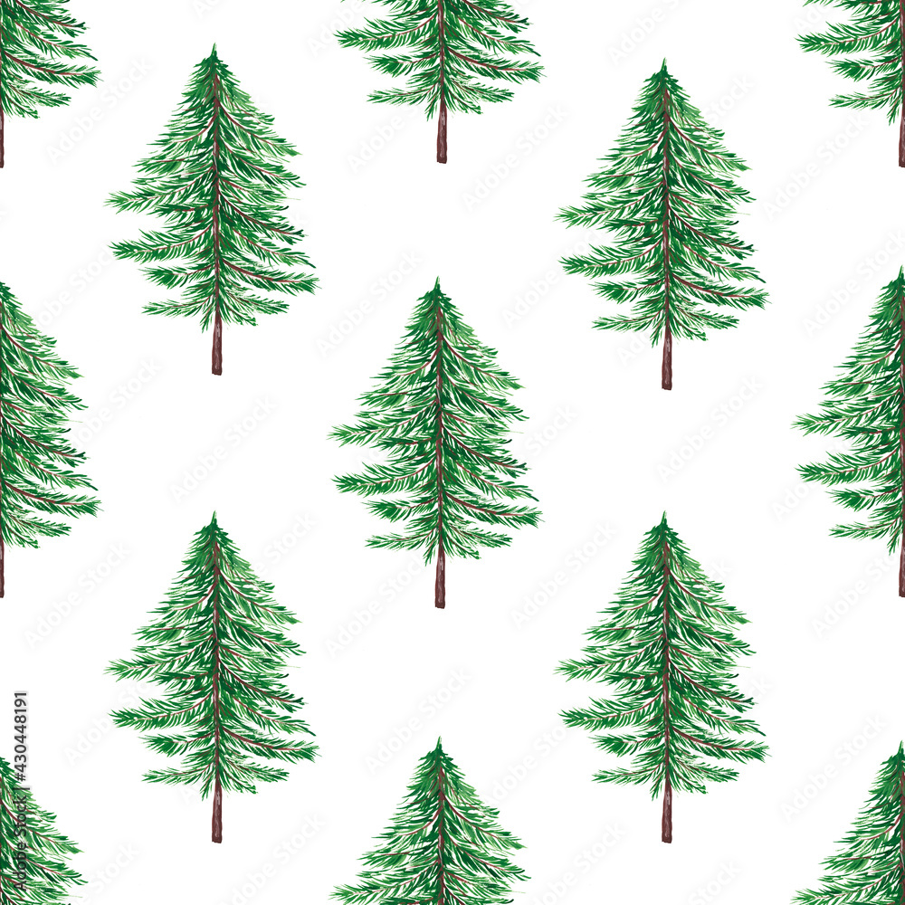 Christmas background with green trees on a white background. Ecology. Nature. Seamless pattern. Watercolor illustration. For textiles, gift wrapping.