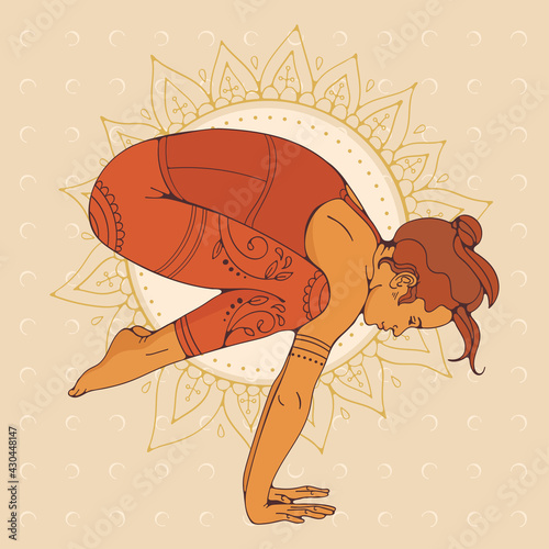 Yoga pose woman with a golden mandala on the background