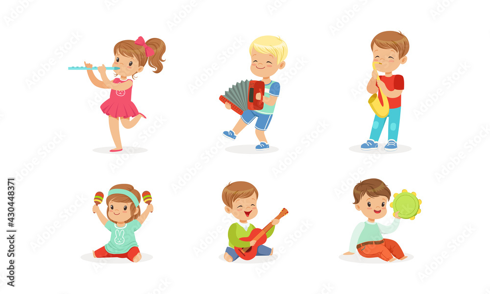 Smiling Boy and Girl Playing Flute and Saxophone Vector Set