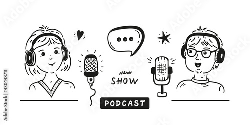 Podcast Show. Hand drawn Doodle Radio Host or Blogger Man and Woman Speaking in Microphone. Communication, Interview Concept. Vector illustration