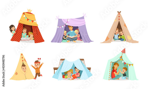 Cute Little Kids and Their Parents Playing and Reading Book Sitting in Handmade Teepee or Hut Vector Set