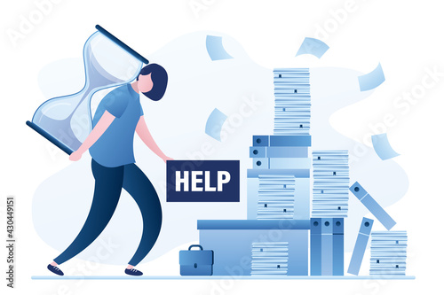 Office overwork and paperwork on workplace. Huge heap of paper documents, folders. Overworked businesswoman need help. F