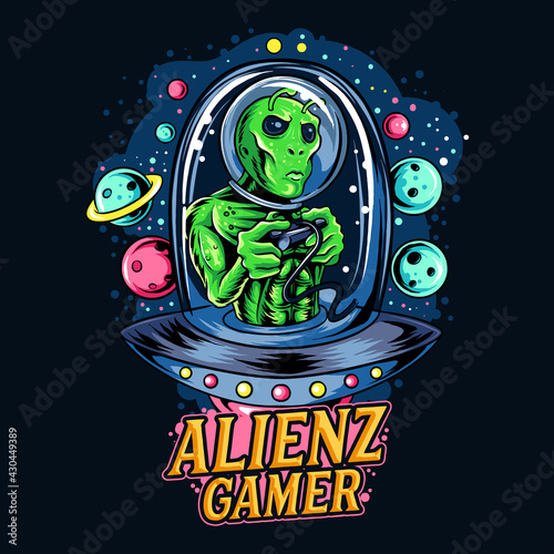 alien riding UFO as gamer e-sport logo or t-shirt design vector artwork