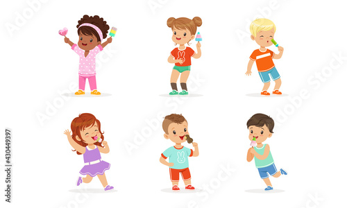 Joyful Boy and Girl Character Holding Fruity Ice Cream on Stick Vector Set