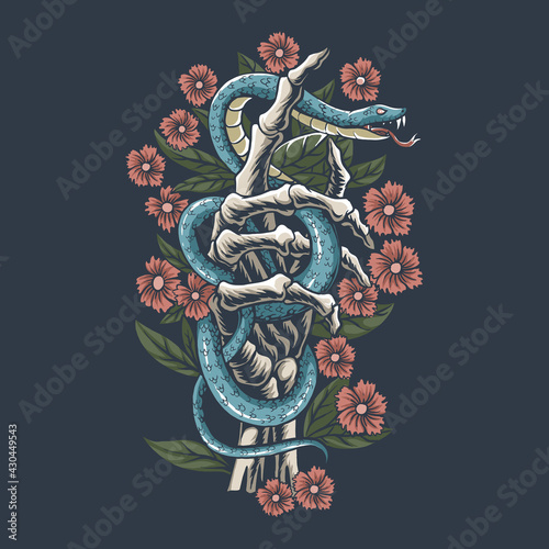 The snake is on the hand bones of the skull between the flowers, editable layers vector